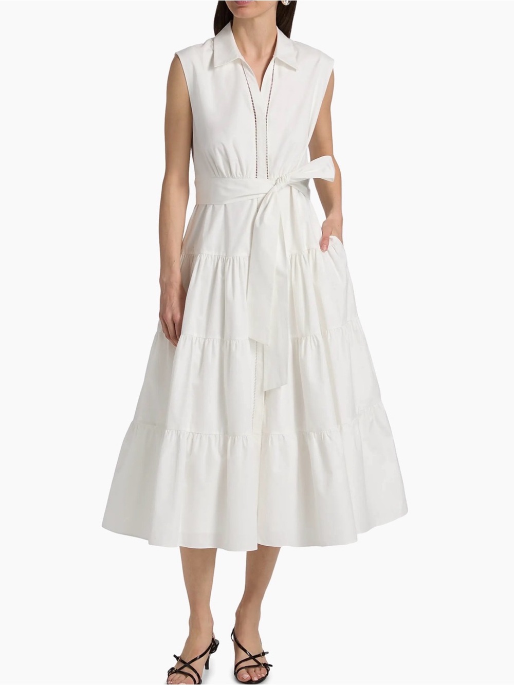 Kobi Halperin White Bea Cotton-Poplin Tiered Self-Belt Midi-Dress XS